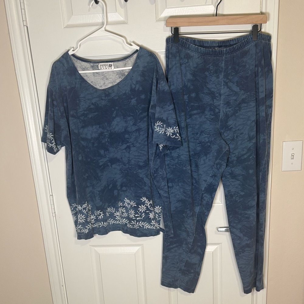 Katelyn Rose Woman 2X Blue Tie Dye Lounge Set Made in USA 100% Cotton